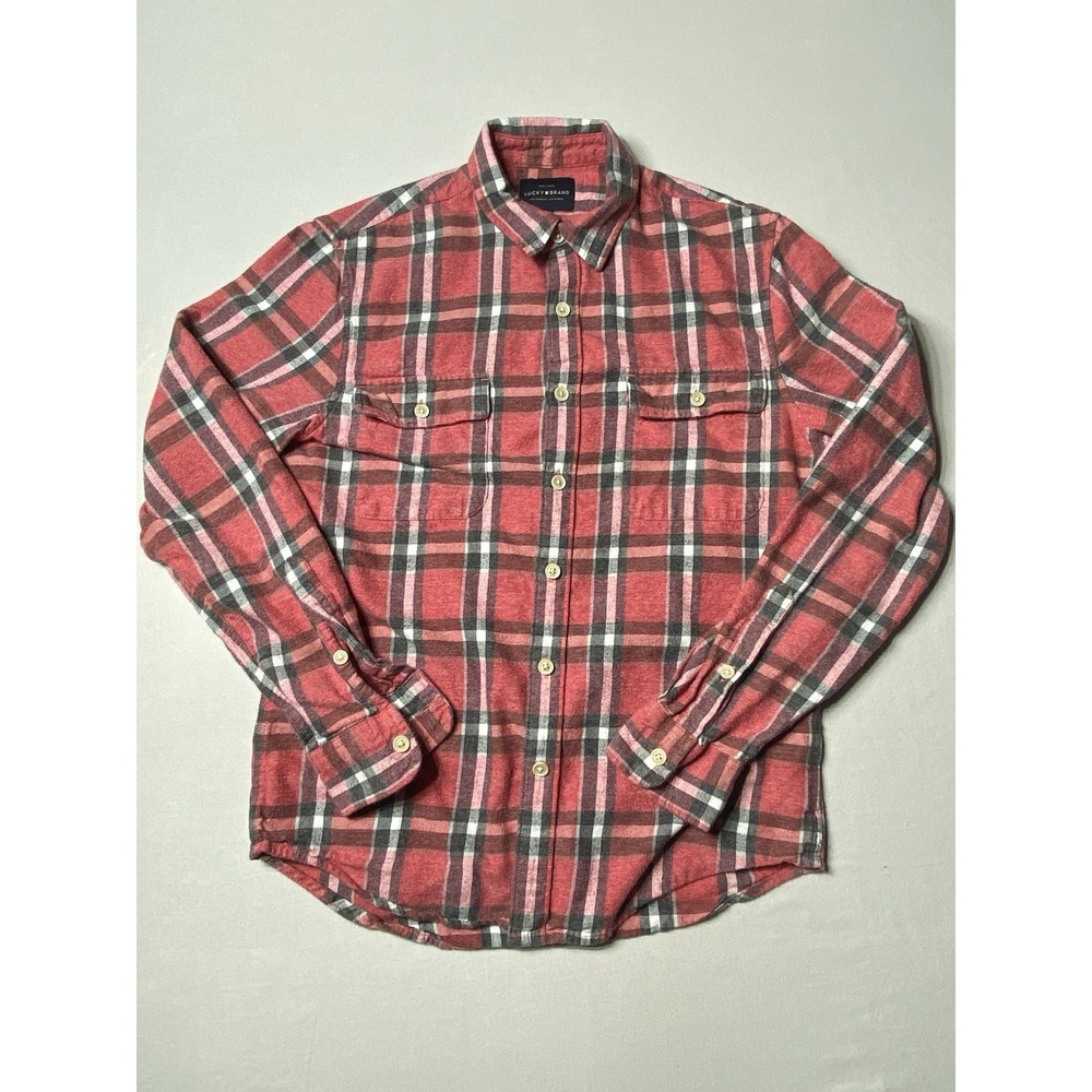 Lucky Brand Mens Small Red Plaid Flannel Button‎ Front Shirt 100% Cotton